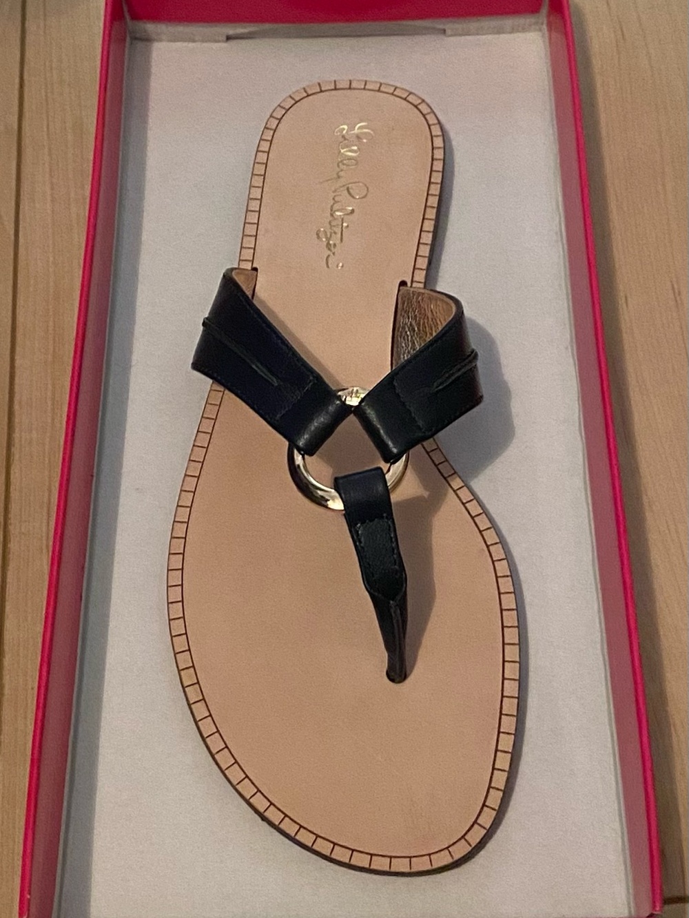 Lilly Pulitzer Navy Blue Leather Ring-Detail Thong Sandal BNWT